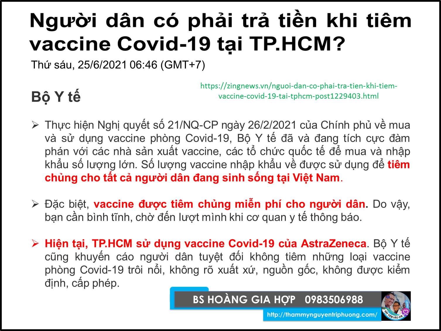 Người dân có phải trả tiền khi tiêm ngừa Vaccine Covid-19 tại Tp HCM không ???