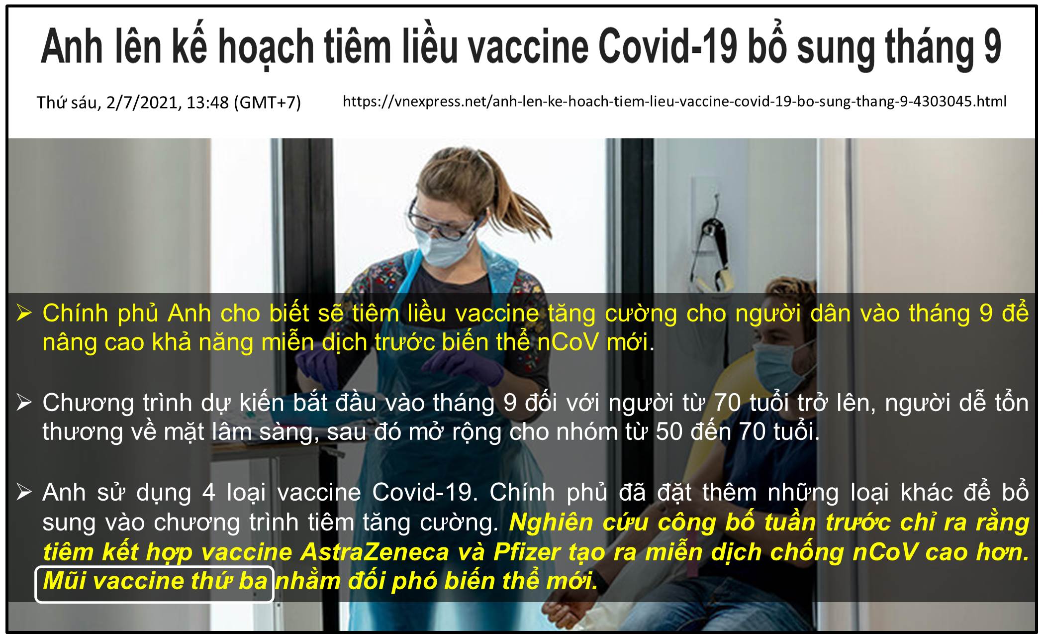 Nước Anh lên kế hoạch tiêm thêm liều vaccine Covid-19 bổ sung thứ 3 vào tháng 9/2021.