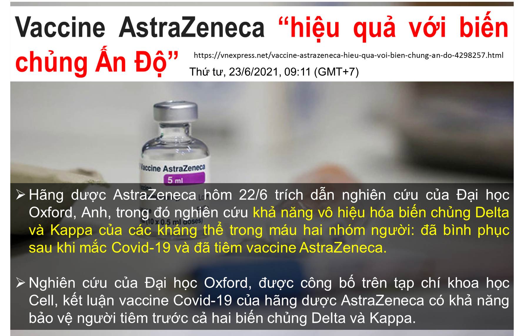 VACCINE ASTRAZENECA HIỆU QUẢ VỚI BIẾN CHỦNG ẤN ĐỘ