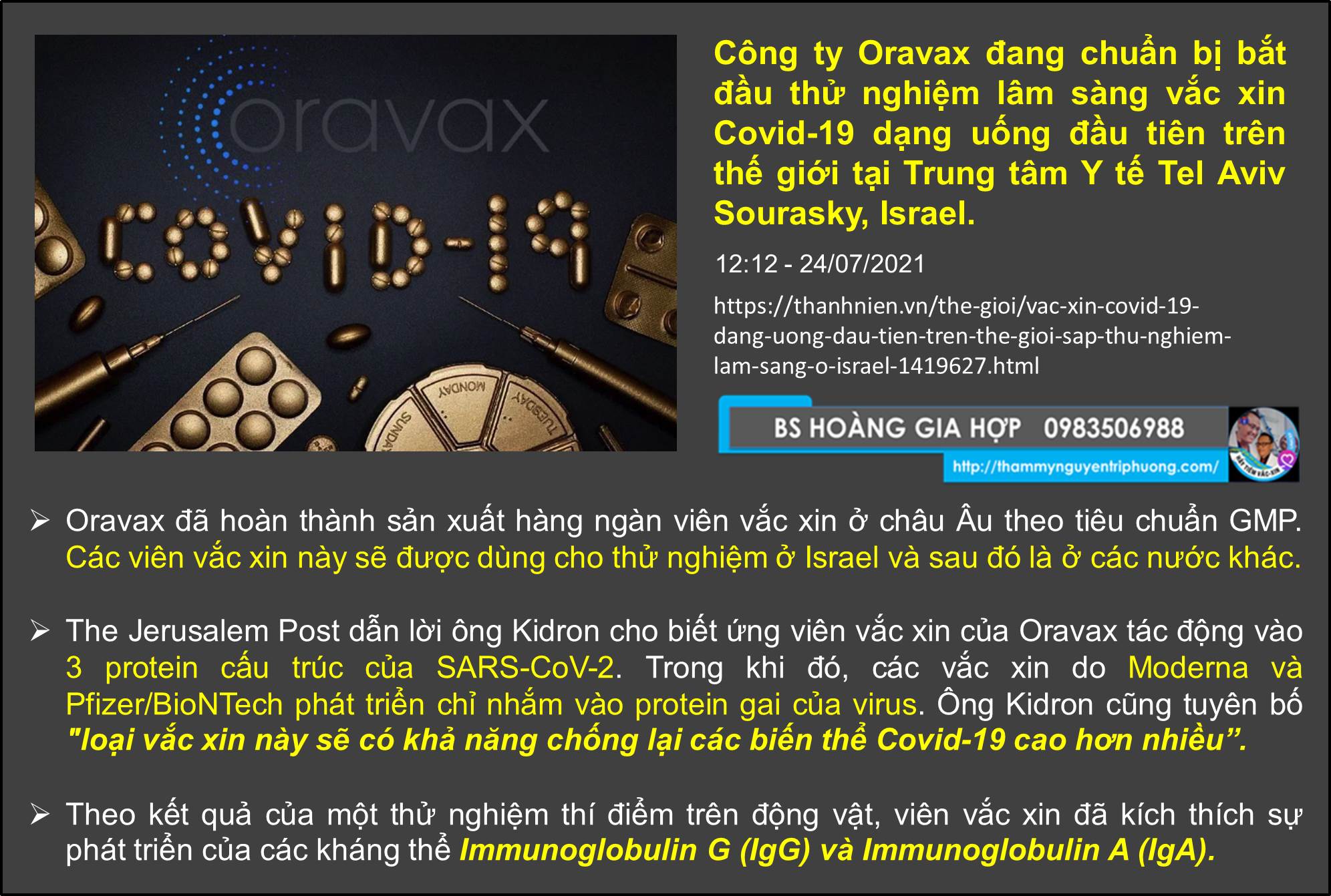 Vắc xin Covid-19 dạng uống đầu tiên trên thế giới của cty ORAVAC