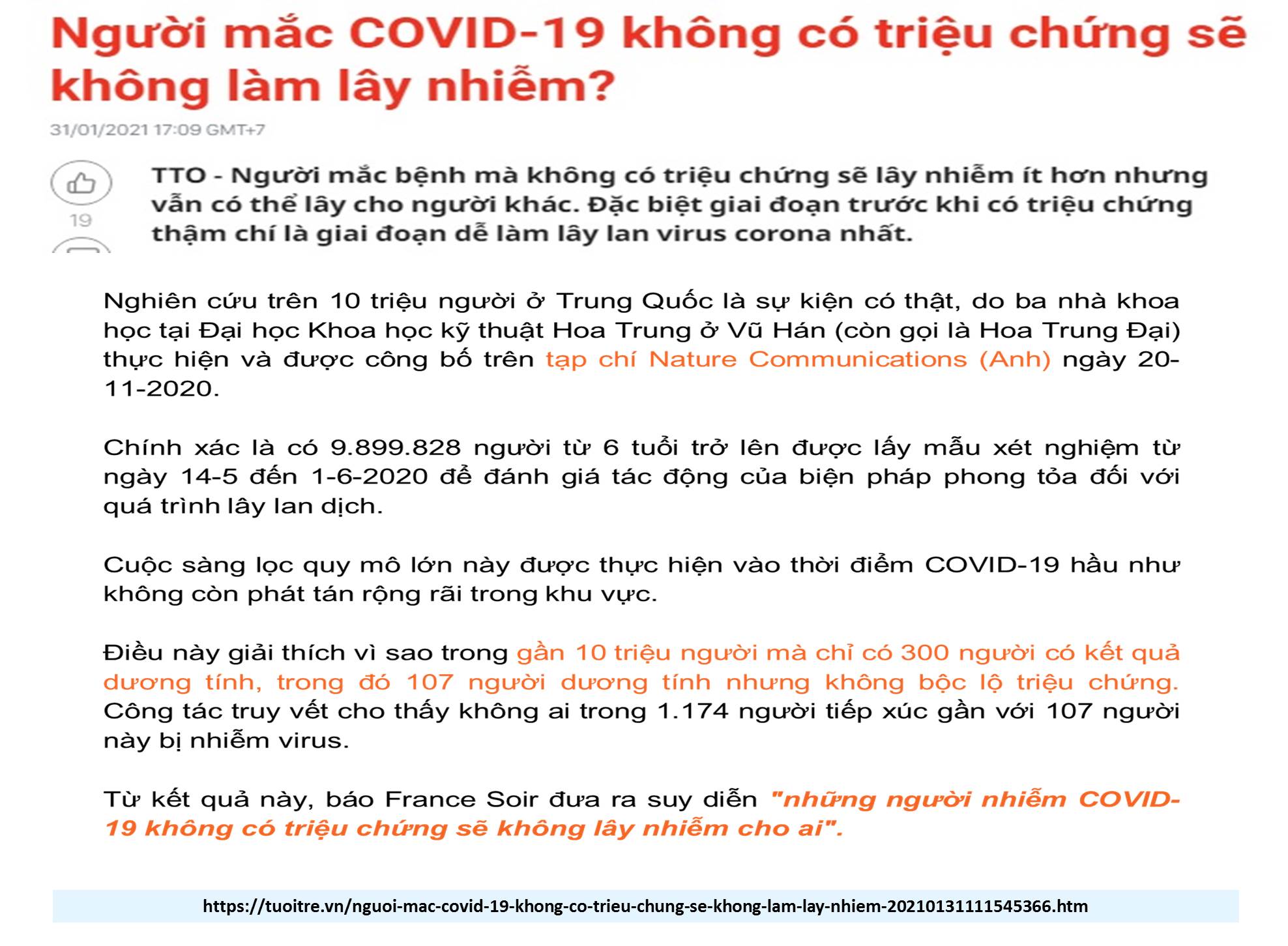 Người mắc COVID-19 không có triệu chứng sẽ không làm lây nhiễm ...???