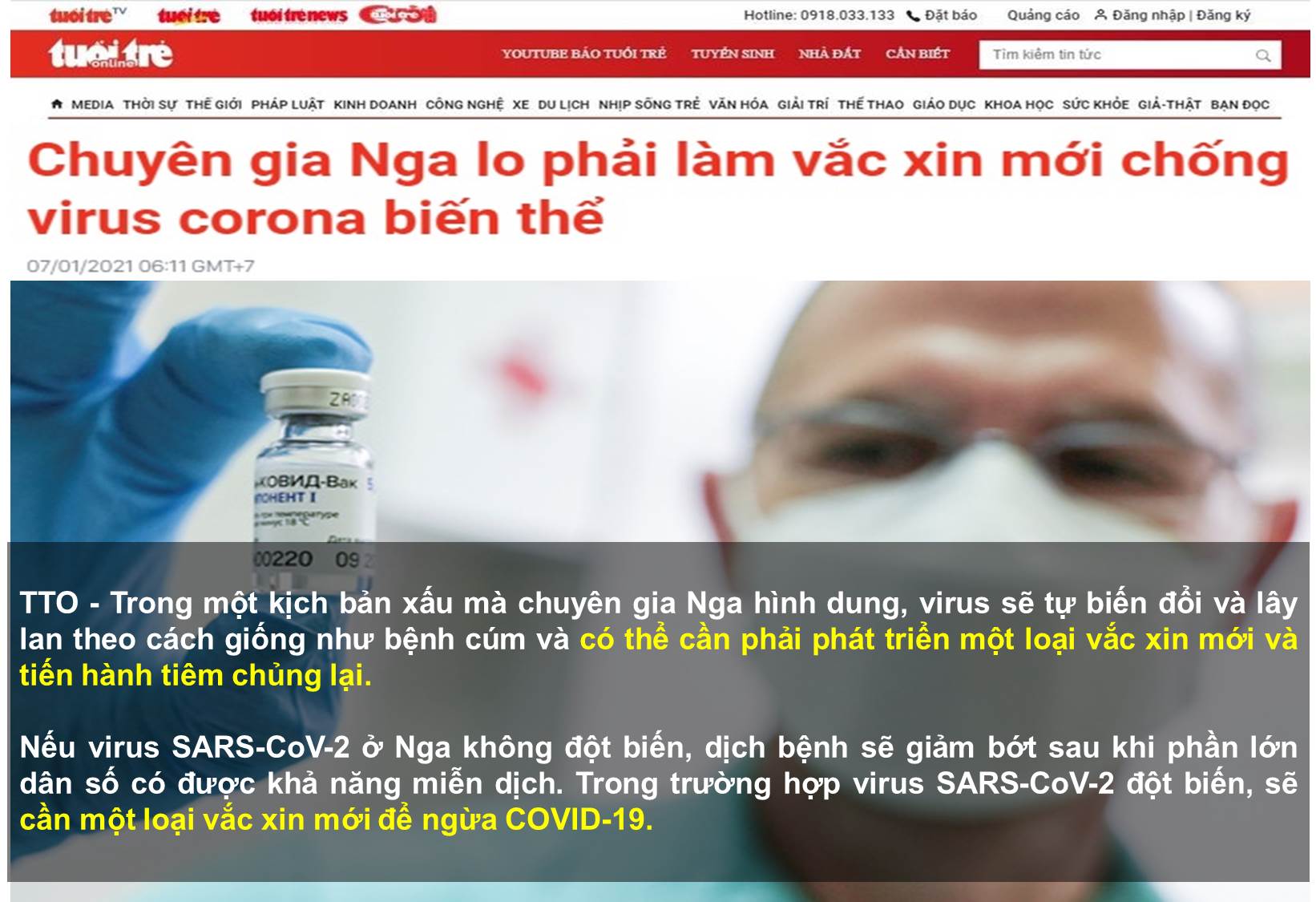 CHUYÊN GIA NGA LO PHẢI LÀM VẮC XIN MỚI CHỐNG VIRUS CORONA BIẾN THỂ